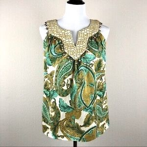 Milly of New York Sleeveless Green & Gold Paisley Print Retro Blouse Top, 6